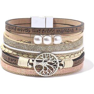 Tree of Life Leather Wrap Bracelet Inspirational Bangles Boho Pearl Bracelets